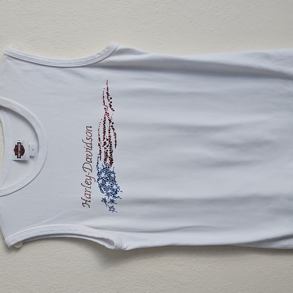 Harley-Davidson Motorcyle Sparkle white tank Top flag Americana USA sparkly L - Picture 4 of 9